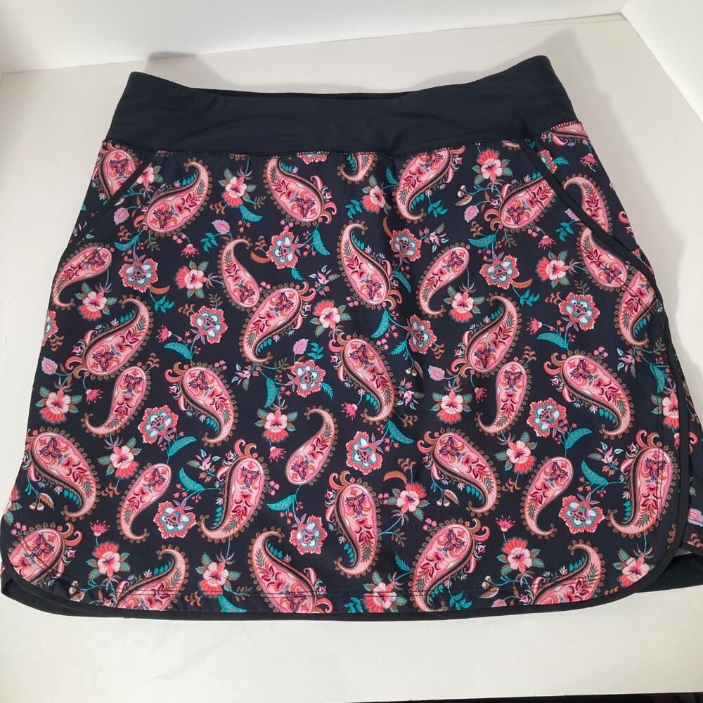 Womens Lands End Paisley Skort 8 Black Pink Green Pockets Polyester Spandex Nylo